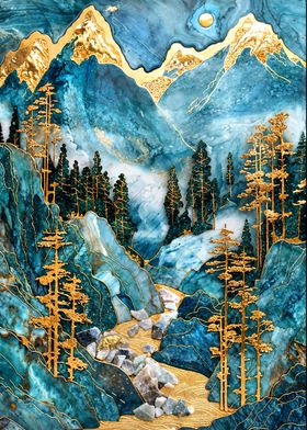 Golden Mountain Stream Art