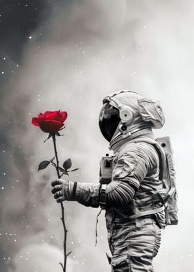 Astronaut Holds a Red Rose