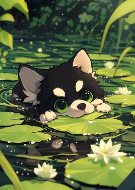 Cute Dog in pond anime