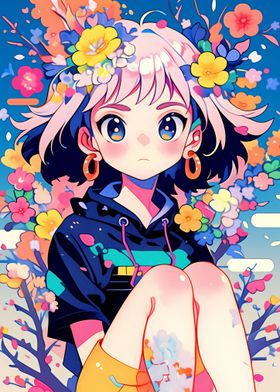 Anime Girl and Flowers