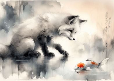 Fox and Koi Fish Ink Wash