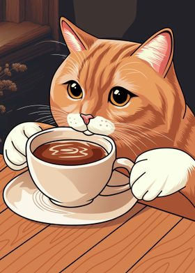 Cute Cat Drink Coffee