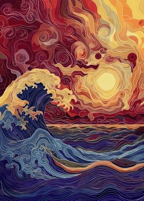 Waves at Sunset Poster Art