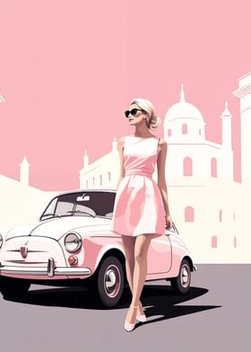 Woman in pink and Fiat 500