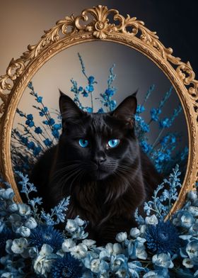 Black cat blue eyes floral