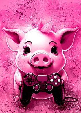 Cute pig holding joystick