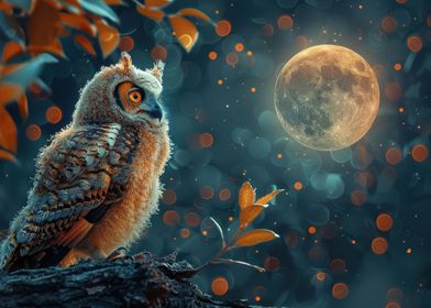 Owl at night with moon