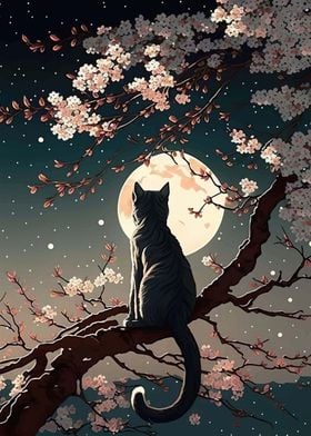 Cat Moon Cherry Blossom 