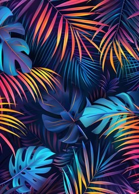 Tropical neon palm leaves