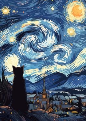 Cat Starry Night Van Gogh