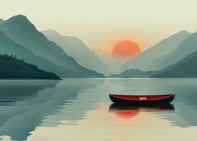 Boat on a lake sunset