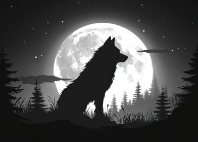 Wolf silhouette and Moon