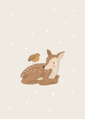 Cute baby deer with a bird