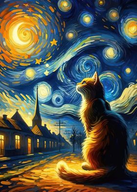 Cat starry night van gogh