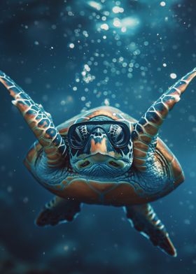 Turtle Diving Blue Ocean