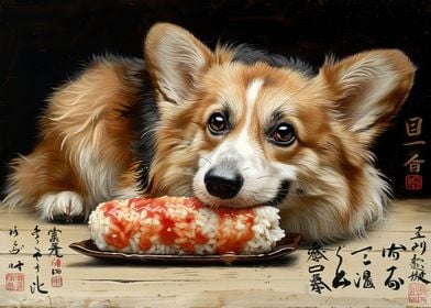 cute Corgi eating sushi