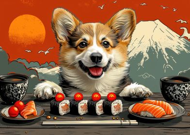 Corgi eating sushi 