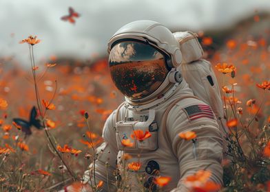 Astronaut in flower field