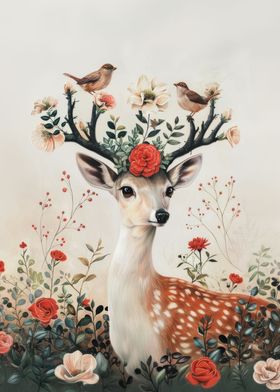 Deer with Birds Botanical
