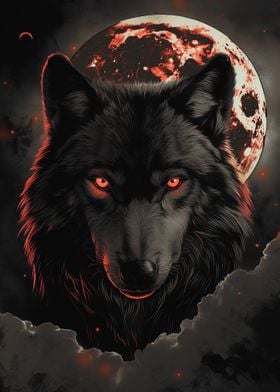 Wolf Dark Moon Red Clouds