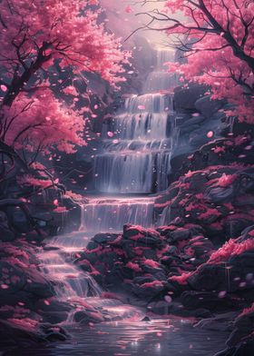 Waterfall Sakura Trees