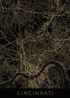 Cincinnati Map Black Gold