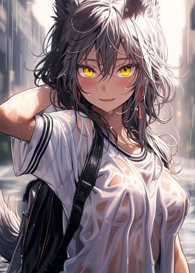 Anime Foxgirl in the rain