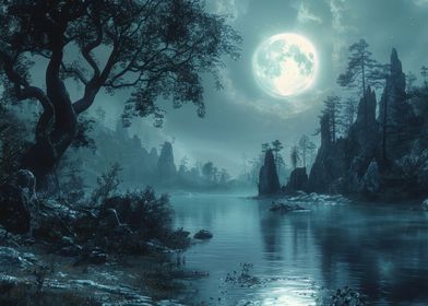 Moonlight river landscape