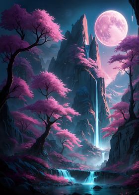 Pink Trees and Waterfall