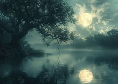 Moonlight river landscape