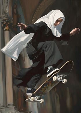 A nun on a skateboard