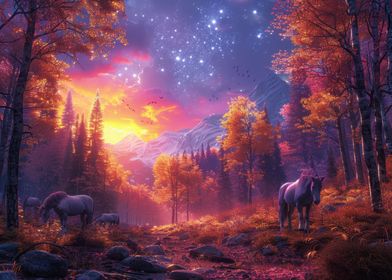 Unicorn sunset forest