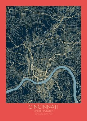 Cincinnati Map Red Blue