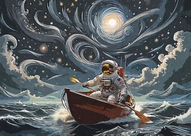 Astronaut rowing a boat 