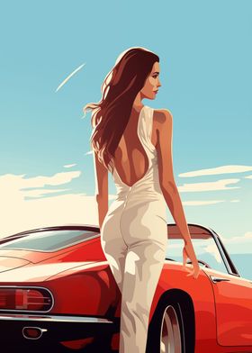 Woman and red classic car