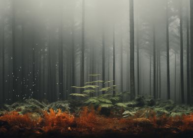 Mysterious forest and fog