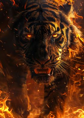 wild tiger on fire