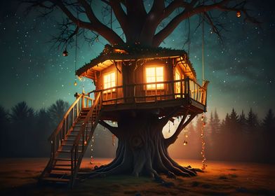 A tree house with lighting