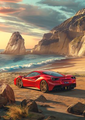 Ferrari on the ocean shore