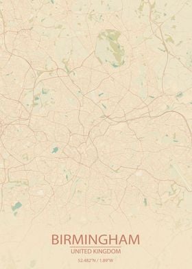 Birmingham UK Vintage Map