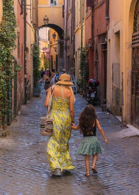 Mom and daughter walk