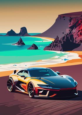 Sports Car Volcanic Beach