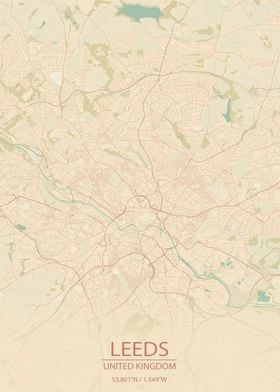 Leeds UK Vintage City Map