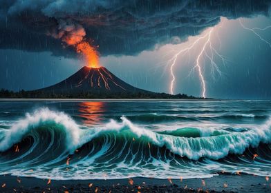 Volcano Erupting in Storm