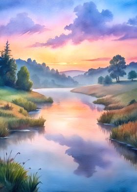 Watercolor River At Dawn