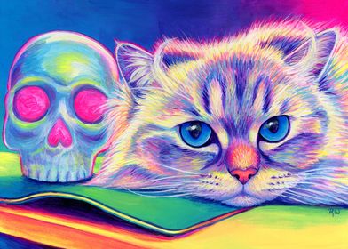 Psychedelic Cat with Skull