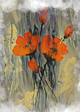 Orange poppies on yellow