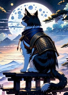 Samurai Cat Japan Moon