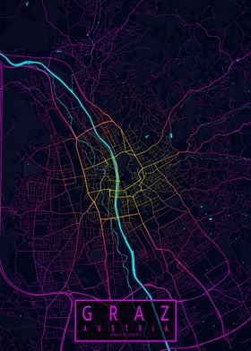 Graz City Map Austria Neon