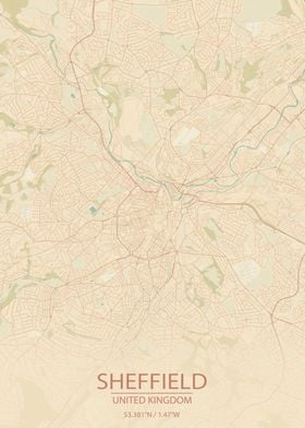 Sheffield UK Vintage Map